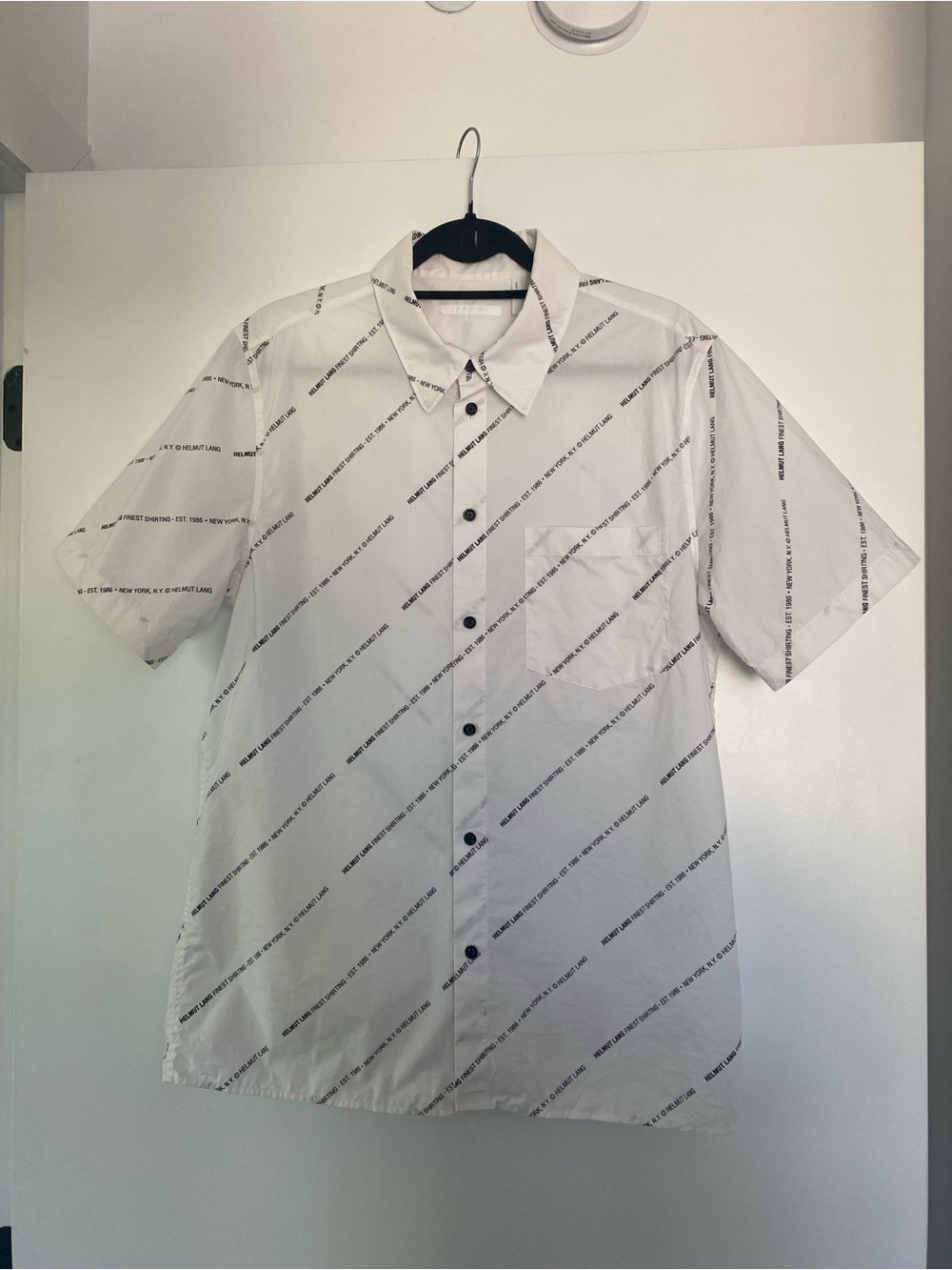 Helmut Lang White Short-Sleeve Button-Down with Diagonal Logo Print - Picture 2 of 5